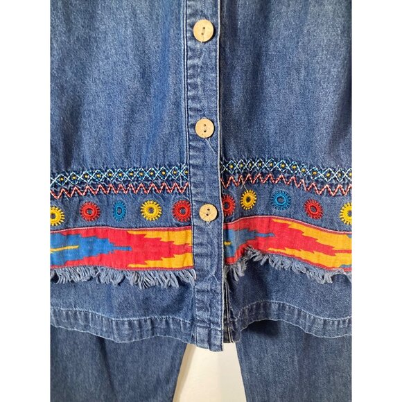 Womens Vintage Ty Wear 2 Piece Denim Embroidered Aztec Top Jeans 8 Blue Cotton - Picture 8 of 13